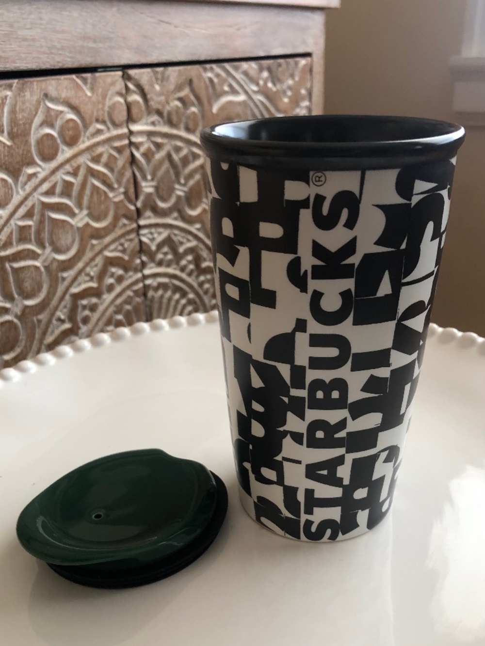 STARBUCKS 2014 Abstract Letter Scribble Graffiti Ceramic Travel Tumbler With Lid